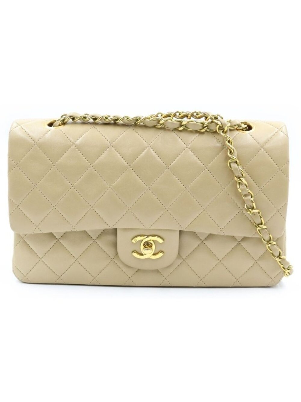 Chanel Quilted 25 Double Flap Chain Shoulder Bag Beige Lambskin Gold